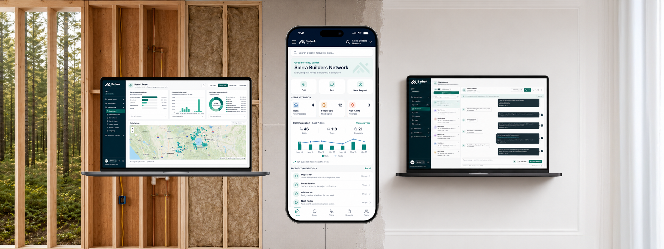 Bedrok shown across three devices on a home under construction: a laptop running the Permit Pulse dashboard with an activity map, the mobile app showing the Sierra Builders Network home screen, and a laptop showing the Messages inbox