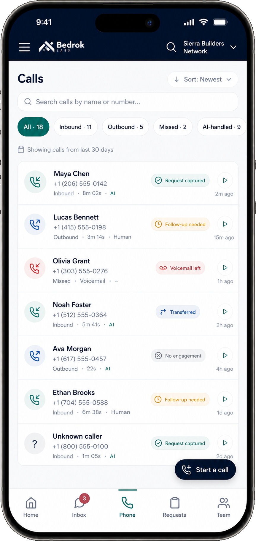 Bedrok mobile calls screen with recent calls, transcribed voicemails, and follow-up flags